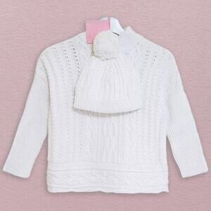 New LULURAIN Big Girl's Cotton Cable-Knit Sweater with PomPom Beanie Hat Set
